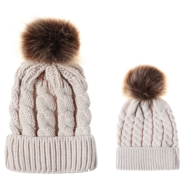 In Autumn And Winter Ball Twist Knitted Hat Warm Female Parent-child Imitation Raccoon Fur Ball Wool Hat