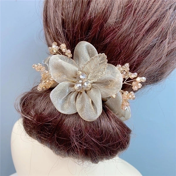 Ins Style Leaf Plaid Flower Organza Crystal Lace Hair Tie