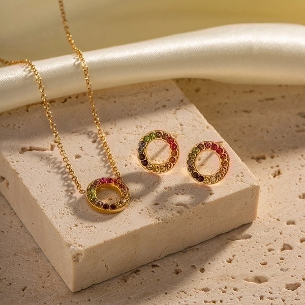 Ins Style Retro Circle Stainless Steel Inlay Zircon 18k Gold Plated Earrings Necklace