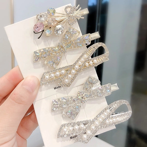 Internet Celebrity Hot  Hairpin Girl's Bow Pearl Crystal Side Clip Elegant Side Duckbill Clip Hair Accessories