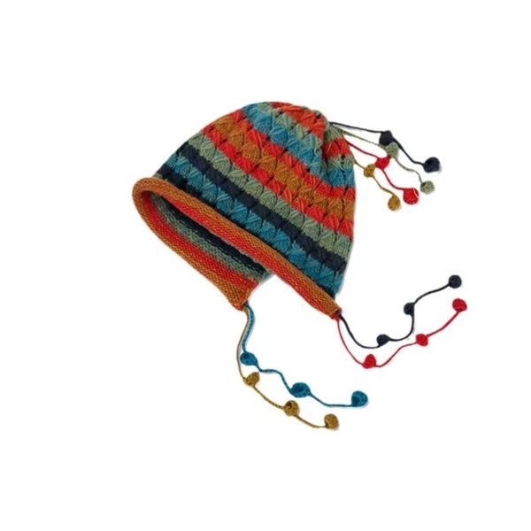 Japanese Style Autumn And Winter Handmade Crochet Color Ball Strap Wool Hat Female Warm Ear Protection Knitted Hat Tide