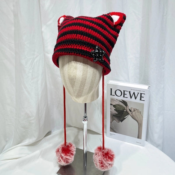 Japanese Style Cute Little Devil Cat Ear Fur Ball Wool Hat Women's Autumn And Winter Warm Small Face Ear Protection Knitted Hat