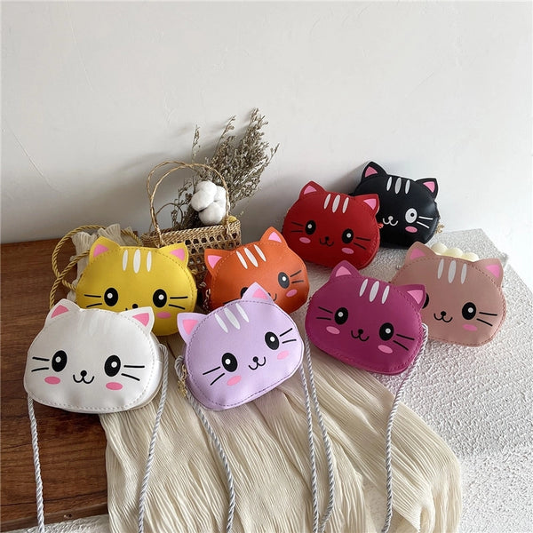 Kid'S Small Pu Leather Cat Cute Round Zipper Crossbody Bag