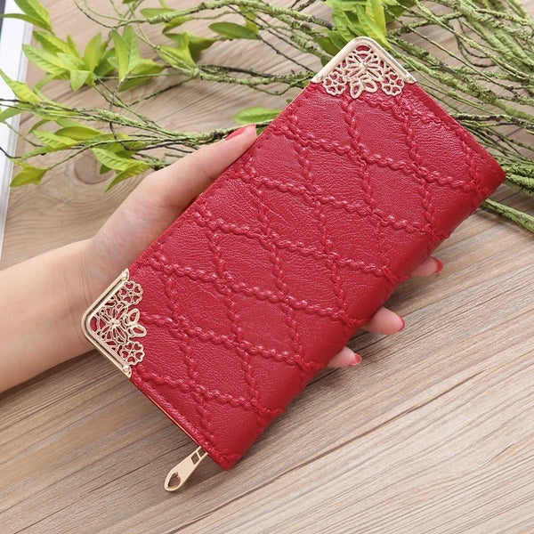 Korean Embossed Rhombus Elongated Wallet Hollow Corner Multi-card Position Handbag