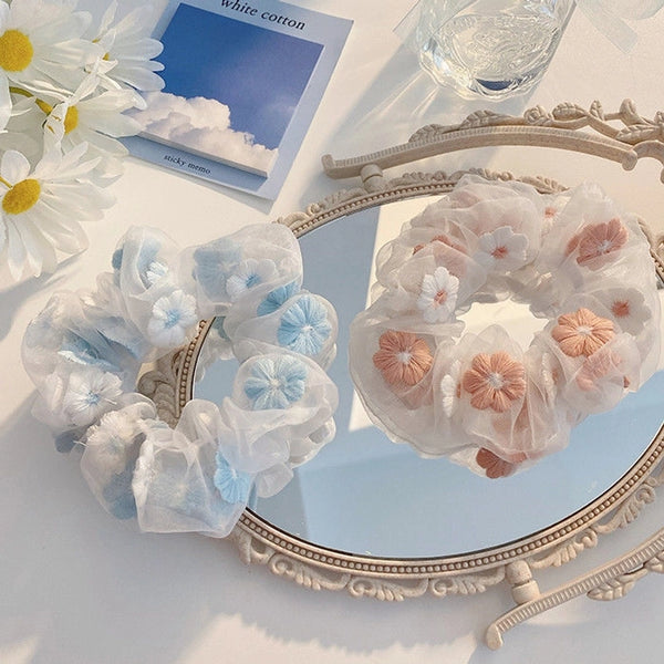 Korean  Embroidered Flower Hair Ring Organza Large Bowel Mesh Headline Girl Mori Style Hair Accessories Sweet Hair Rope