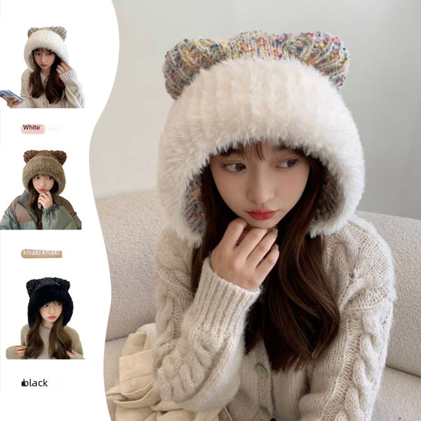 Korean Style Bear Ears Wool Knitted Hat Women's Winter Face-looking Small Plush Cute Warm Big Head Circumference Ear Protection Hat