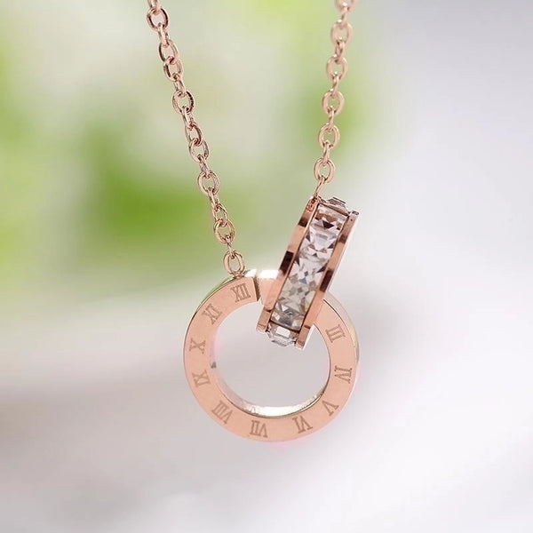 Korean Style Round Number Titanium Steel Plating Inlay Zircon 18k Gold Plated Pendant Necklace