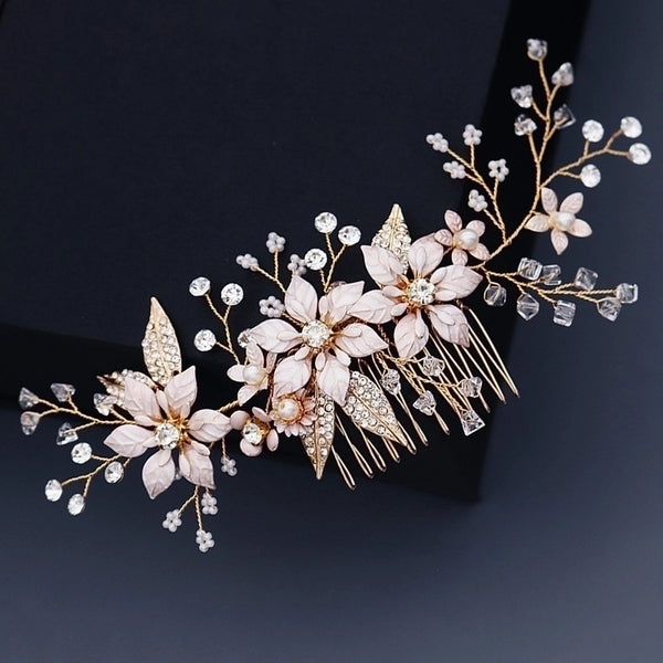 Korean Wedding Bridal Flower Pearl Insert Handmade Crystal Plate Hair Comb