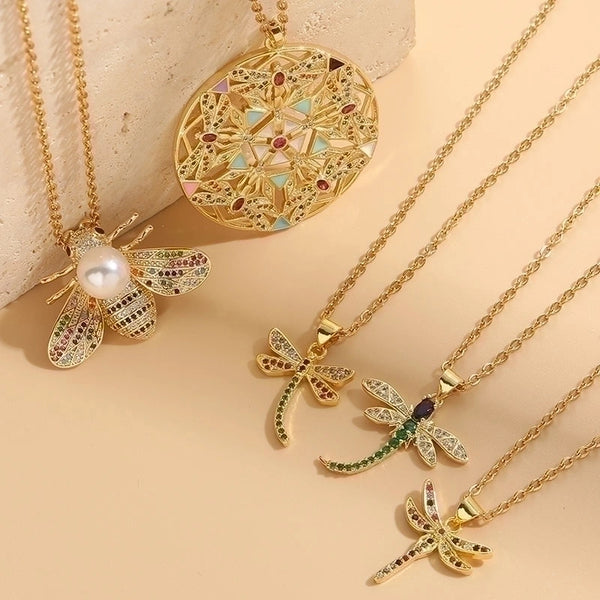 Lady Insect Titanium Steel Copper Irregular Plating Inlay Zircon 14k Gold Plated Pendant Necklace