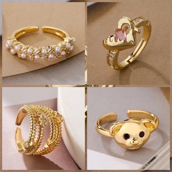 Luxurious Bear Heart Shape Copper Gold Plated Zircon Open Rings In Bulk