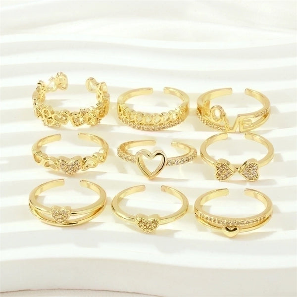 Luxurious Letter Heart Shape Copper 18k Gold Plated Zircon Open Rings In Bulk