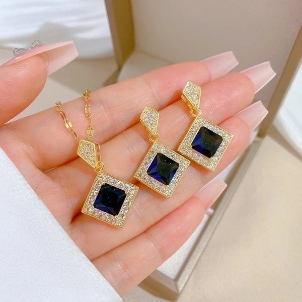 Luxurious Rhombus Titanium Steel Copper Inlay Zircon Earrings Necklace