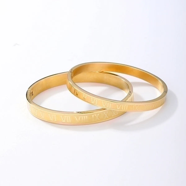 Luxurious Minimalist Roman Style Roman Numeral 201 Stainless Steel 18K Gold Plated Bangle In Bulk