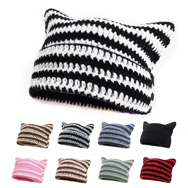 Men's And Women's Devil Hand-crocheted Wool Hat Striped Hat Cute Cat Ears Casual Warm Hat