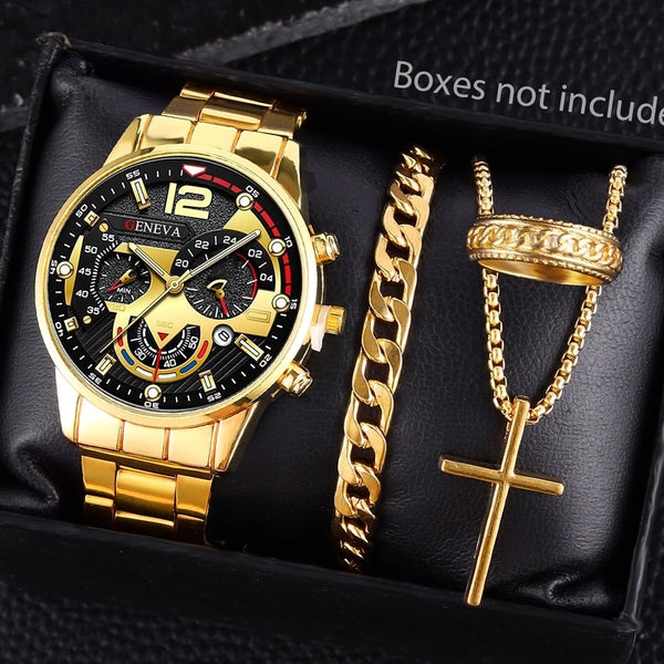 Men's Business High-End Alloy Steel Belt With Calendar Quartz Watch Watches And Necklaces, Bracelets, Rings