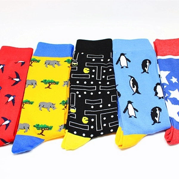 Men's Cartoon Style Color Block Cotton Crew Socks A Pair