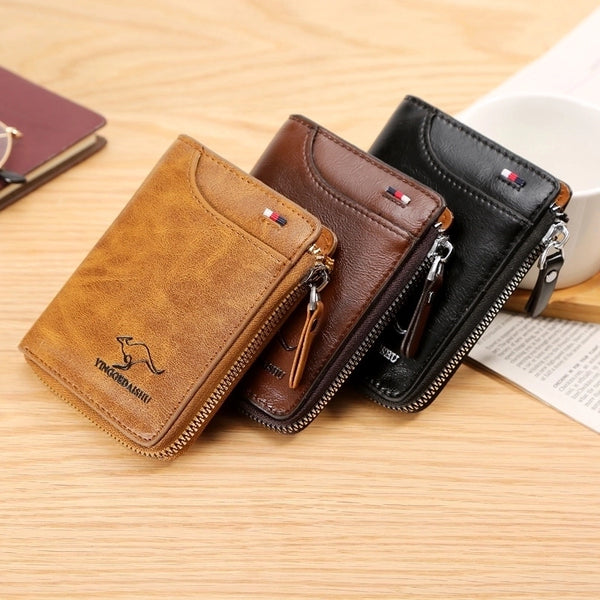 Men's Solid Color Pu Leather Paint Finish Zipper Wallets