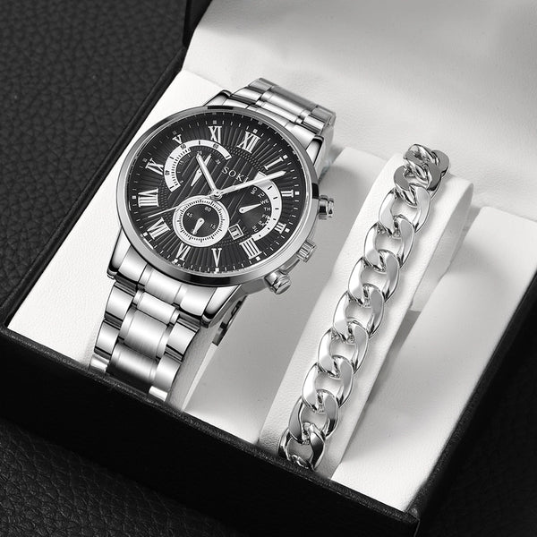 Men's Suit Business Fashion Outdoor Roman Surface Steel Belt Quartz Watch Chain Bracelet Set