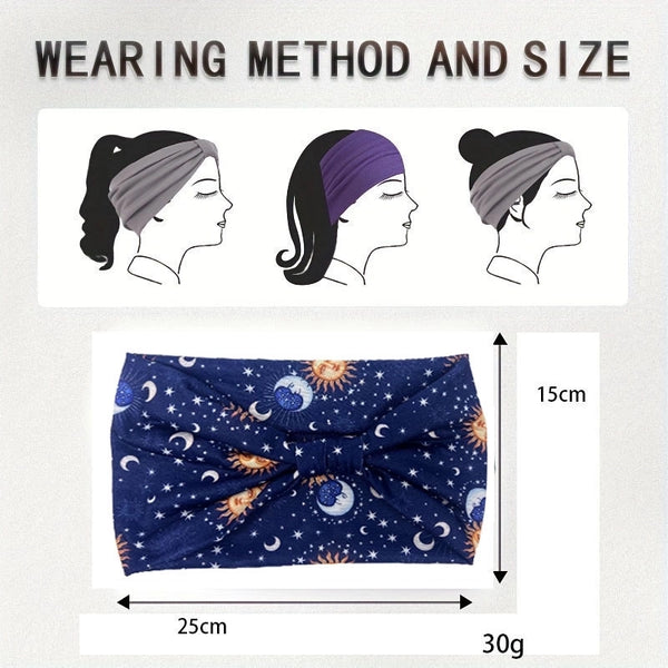 Moon Sun Pattern Printed Wide Side Headband Not Slippery Knotted Hair Band Fashion Female Girl's Headwear