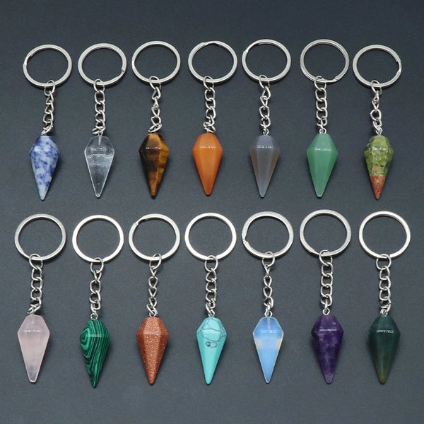 Natural Crystal Agate Stone Hexagonal Cone Key Chain