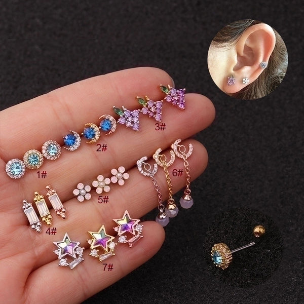 Ear Cartilage Rings & Studs Fashion Geometric 316L Stainless Steel  Copper Zircon