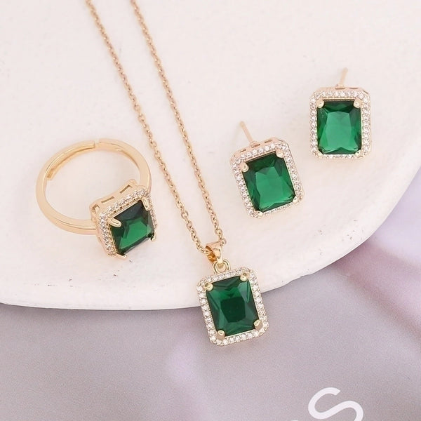 New Copper Micro-inlaid Zircon Square Emerald Pendant Necklace Ring Earrings