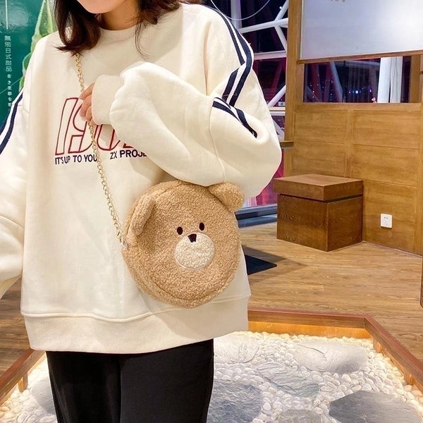 New Fashion Cute Cartoon Plush Bear Shoulder Bag Creative Funny Funny Cute Bear Head Soft Sister Mobile Phone Bag Wholesale