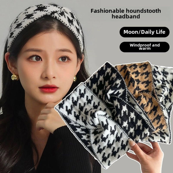 New Headwear Houndstooth Wool Bundle Hair Band Women's Wide-brimmed Yuezi Turban Cross Autumn And Winter Outgoing Hair Band