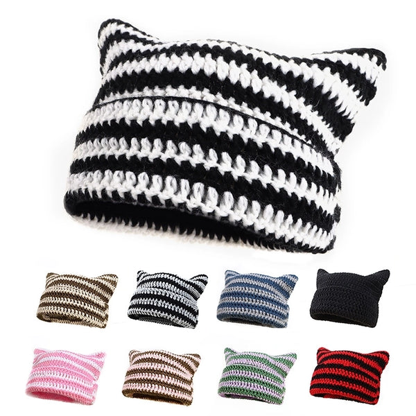 New Japanese Style Little Devil Hand-crocheted Wool Hat Striped Hat Cute Cat Ears Casual Warm Hat