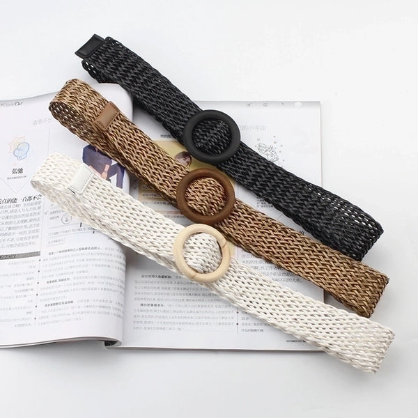 New Korean Style Cotton And Linen Style Woven Belt Women's Round Wooden Buckle Dress Long Shirt Decorative Belt