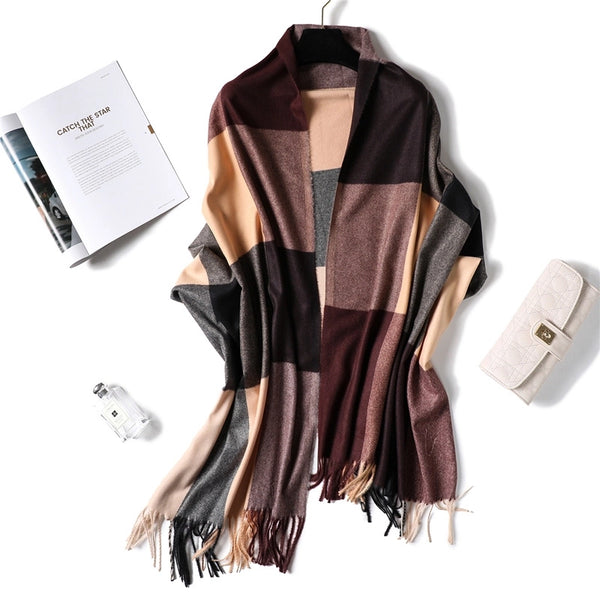 New Large Plaid Artificial Cashmere Scarf Women's Winter Thicken Thermal Thorn Fur Shawl Fashion All-Matching Fringe Bib