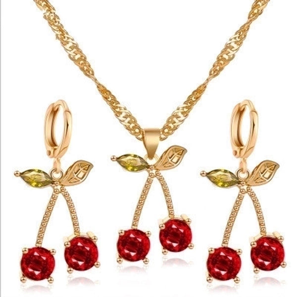 New Necklace Fashion Temperament Pomegranate Red Cherry Necklace Simple Wild Crystal Earrings Pendant Necklace Wholesale