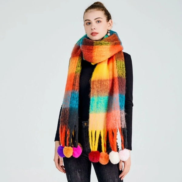 New Rainbow Stitching Dyed Plaid Scarf Women's Winter Atmosphere Long Style Thickened Tassel Scarf