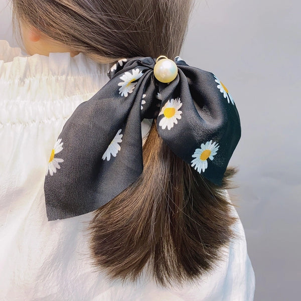 New Small Chrysanthemum Cute Pearl Bow Hair Scrunchies