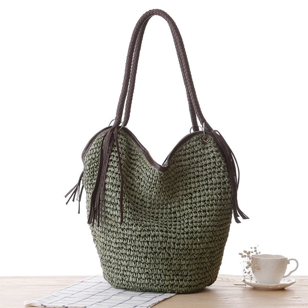 New Straw Simple Braided Tassel Shoulder Beach Bucket Women's Bag38*30*20cm