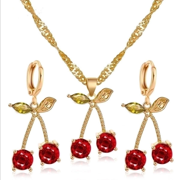 New Style Hot Wedding Dinner Jewelry Temperament Pomegranate Red Cherry Necklace Girl's Simple Wild Crystal Earrings Wholesale