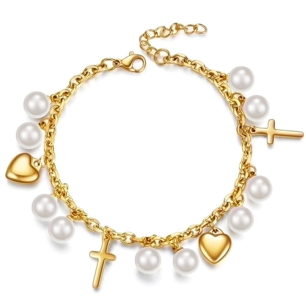 New Titanium Steel Cross Heart Pearl Pendant Bracelet