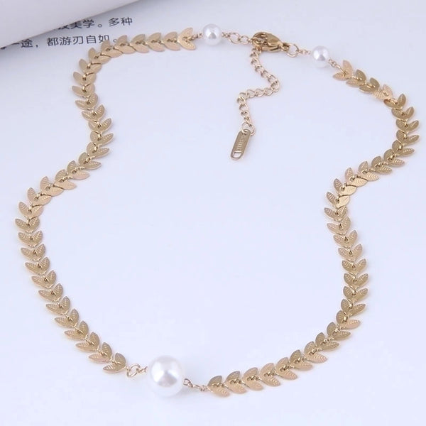 Jewelry Wholesale Korean Leaf Pearl Titanium Steel Short Necklace