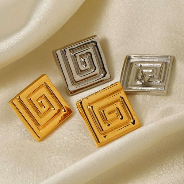 IG Style Checkered Geometric Stainless Steel 18K Gold Plated Earrings