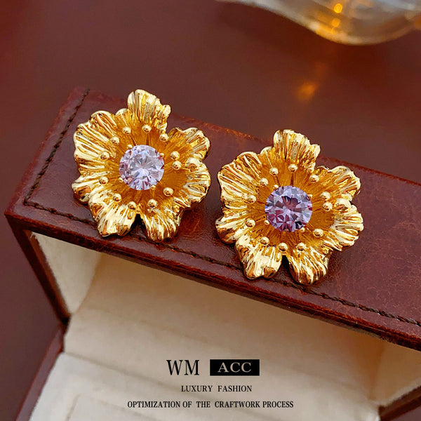 Medieval Flower Flower Copper Zircon Inlay Earrings