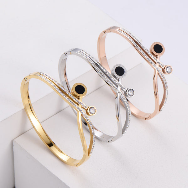 Japanese / Korean Women Metal Diamond Flower Stainless Steel Bangles