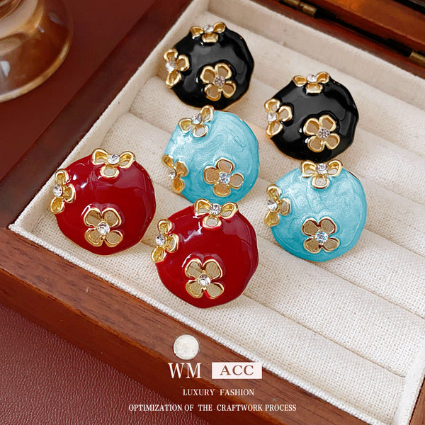 Luxurious Round Geometric Flower Alloy Oil Dripping Earrings