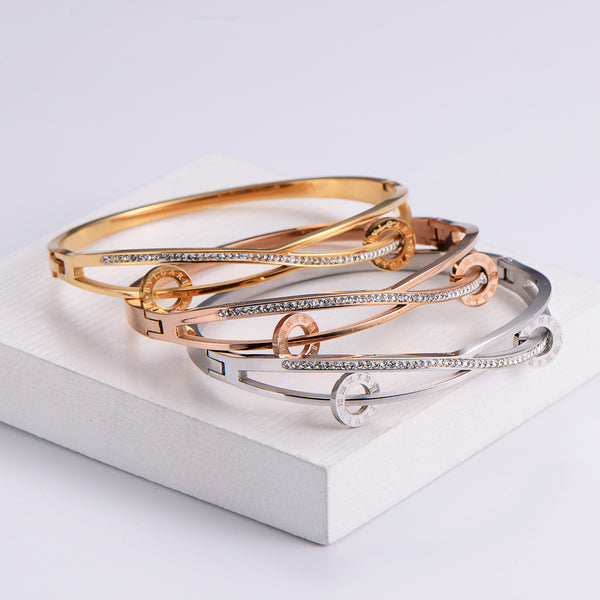 Natural Women Stripe Metal Diamond Country Style Crown Stainless Steel Bangles