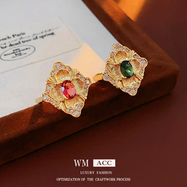 Women Luxurious Flower Rhombus Geometric Flower Copper Diamond Inlay Rings