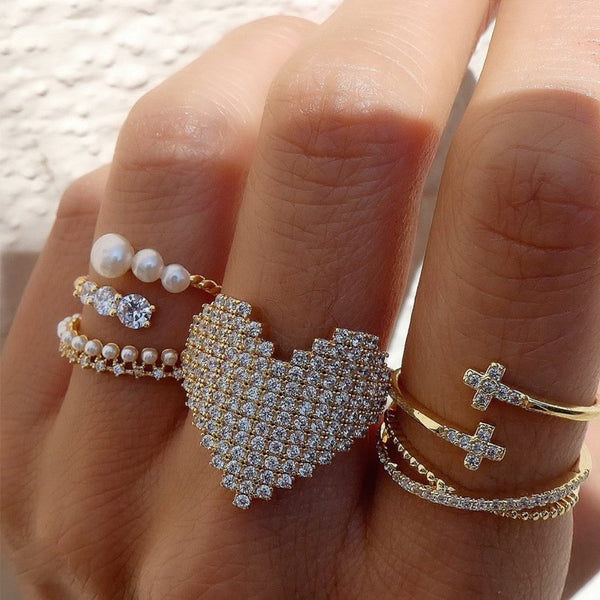 Women Diamond Metal Heart Zircon Rings