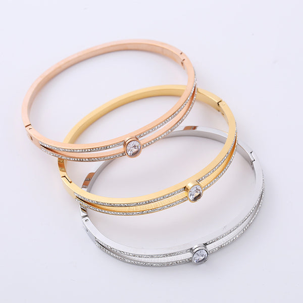 Moderate Luxury Double Circle Stainless Steel Diamond Inlay Bangles