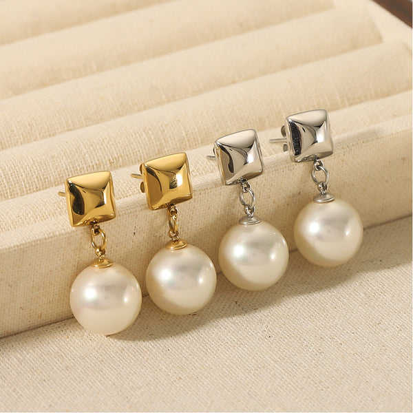 IG Style Pearl Rhombus Geometric Stainless Steel Electroplating Earrings