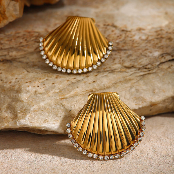 IG Style Fan-Shape Geometric Stainless Steel 18K Gold Plated Stud Earrings