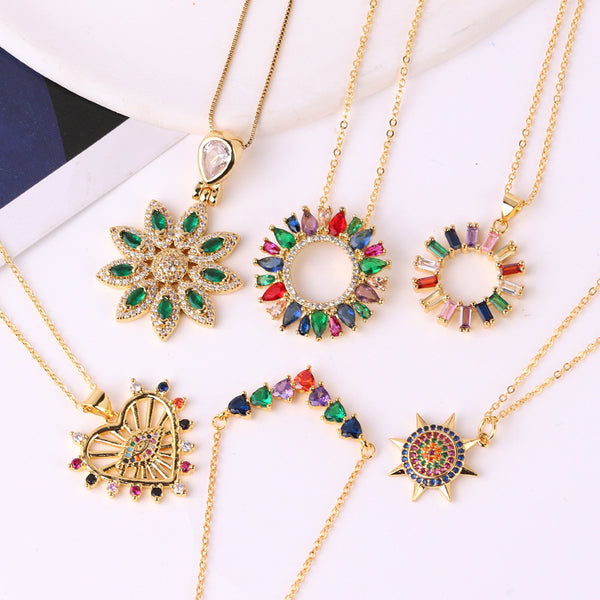 Women Chain Octagram Heart Flower Copper Electroplating Necklaces