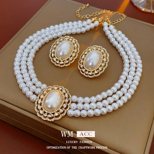 Women Luxurious Flower Plant Artificial Pearl Electroplating Jewelry Sets